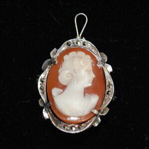 Vintage 800 Silver Shell Cameo Convertible Brooch & Pendant with Marcasites